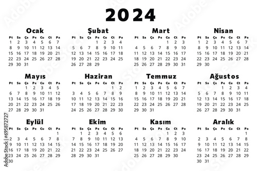 TURKISH calendar for 2024. Printable, editable vector illustration for Turkey. In black color