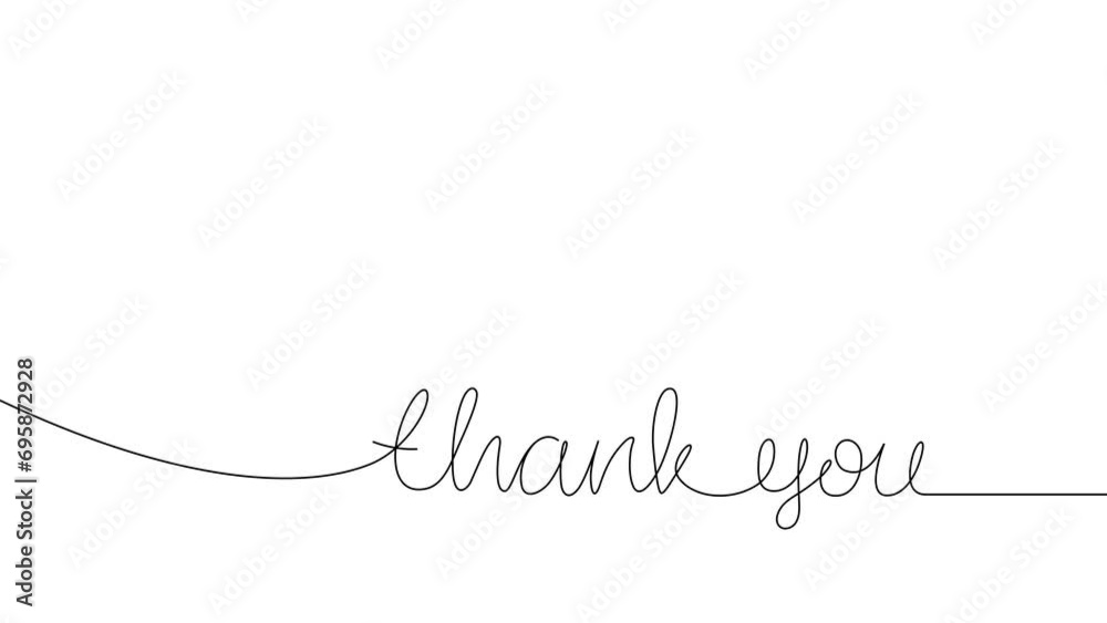 Continuous one line drawing of Thank you hand lettering animation on white background