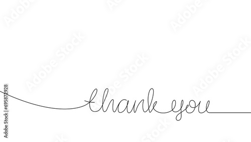 Continuous one line drawing of Thank you hand lettering animation on white background