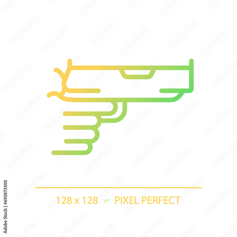 2D pixel perfect gradient gun in hand icon, isolated vector, thin line illustration representing weapons. 2D pixel perfect gradient gun in hand icon, isolated vector, thin line illustration representing weapons.