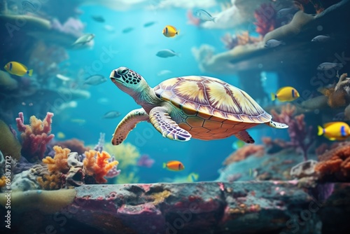 turtle diving underwater in a tank