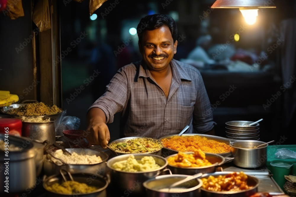 indian street food stall owner giving happy expression - obrazy, fototapety, plakaty 