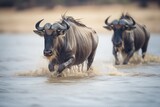 wildebeests stirring muddy water while crossing