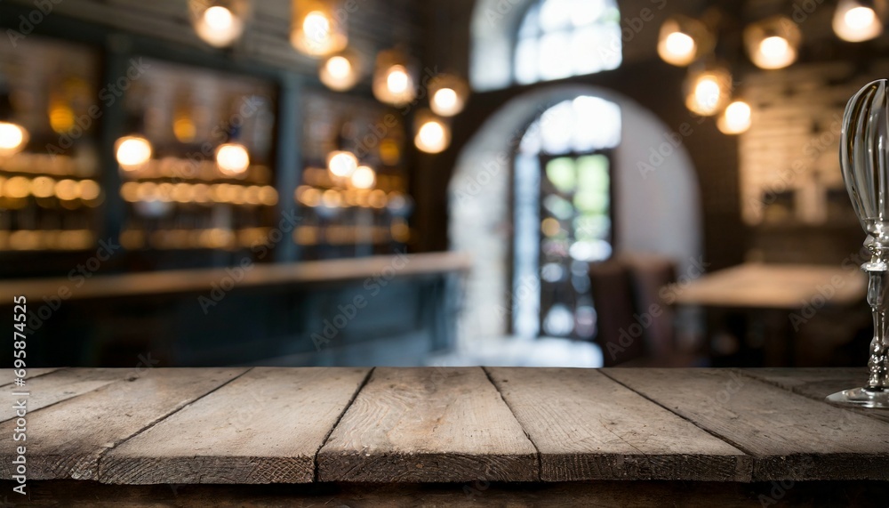 Obraz premium blurred background of bar and dark brown desk space of retro wood