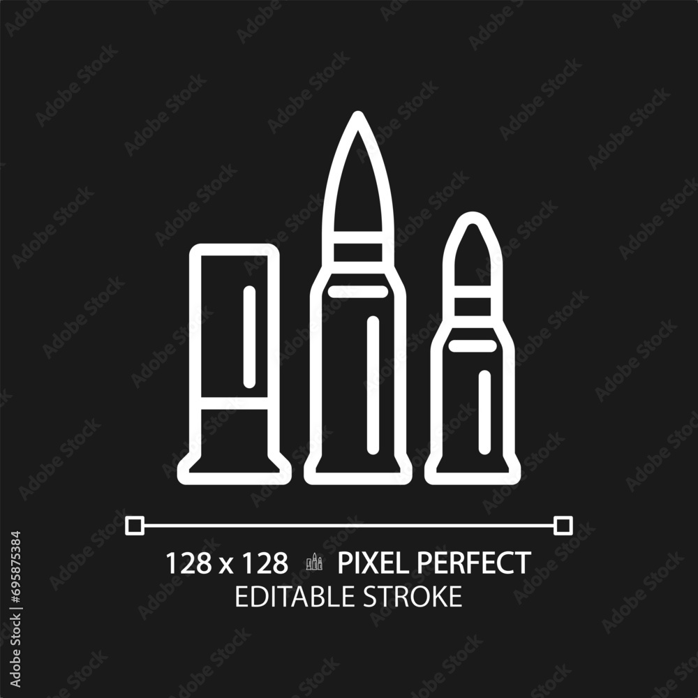 2D pixel perfect editable white caliber icon, isolated simple vector, thin line illustration representing weapons. 2D pixel perfect editable white caliber icon, isolated simple vector, thin line illustration representing weapons.