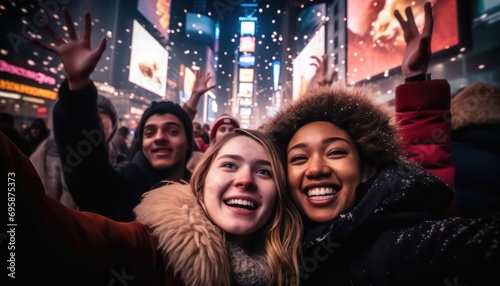 Crowd of Happy diverse people celebrating New Year eve in Square