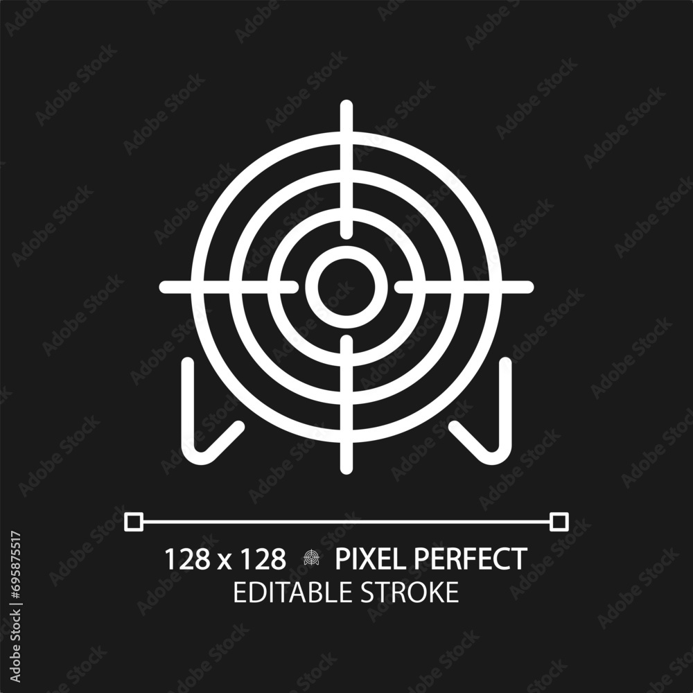 2D pixel perfect editable white target icon, isolated simple vector, thin line illustration representing weapons. 2D pixel perfect editable white target icon, isolated simple vector, thin line illustration representing weapons.