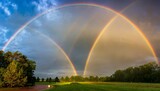 double rainbow in early morning cloudy sky symbolizing god s promise