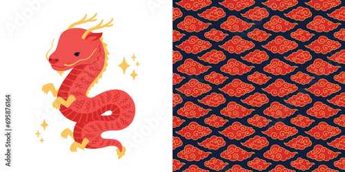 Vector collection. Illustration of a cute dragon and seamless pattern with clouds in Chinese style