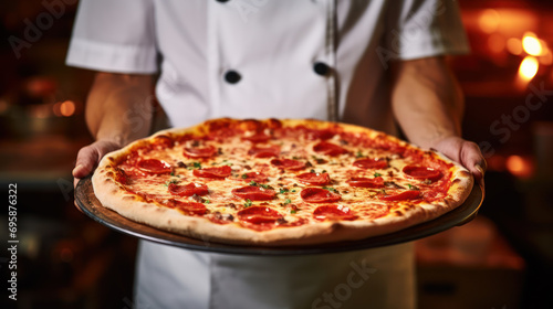 chef holding pepperoni pizza