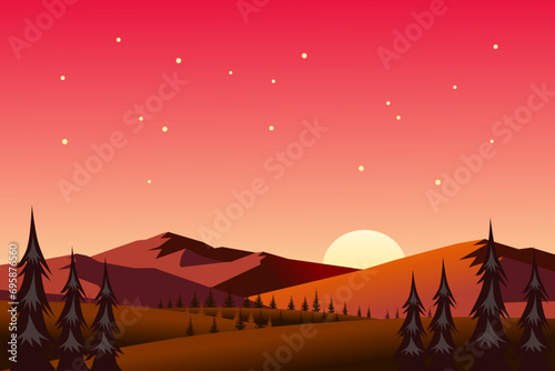 Sunset scene in nature with mountains and trees. Beautiful landscape of mountains and wild forest. Vector illustration.