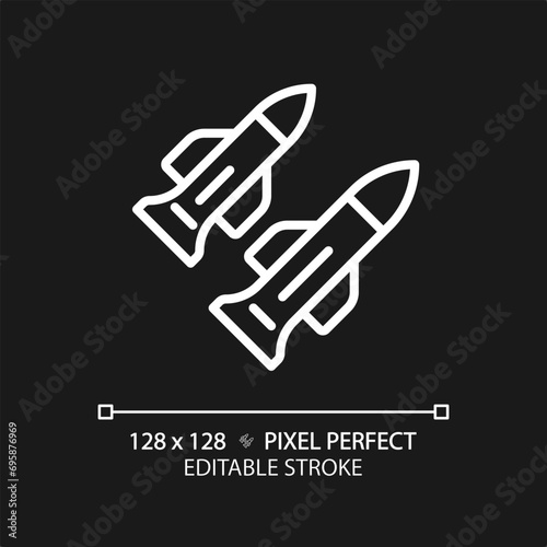 2D pixel perfect editable white missile icon  isolated simple vector  thin line illustration representing weapons.
