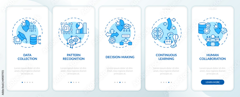 2D icons representing cognitive computing work mobile app screen set. Walkthrough 5 steps blue graphic instructions with thin line icons concept, UI, UX, GUI template. - obrazy, fototapety, plakaty 