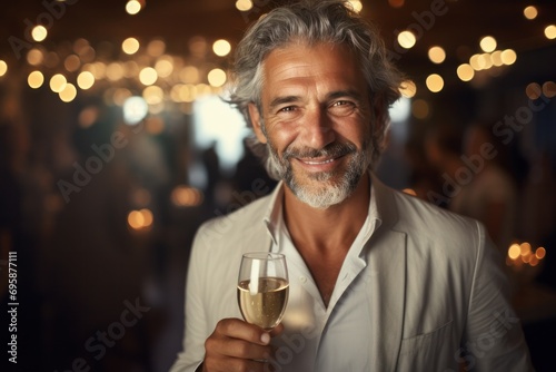 Happy senior man, a mature sommelier, enjoying a glass of red wine in a winery, exuding satisfaction. photo
