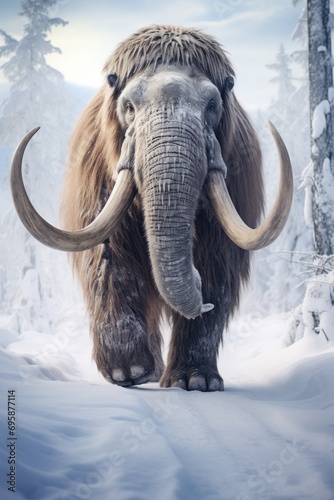 A powerful mammoth in a winter forest, showcasing strength and majesty