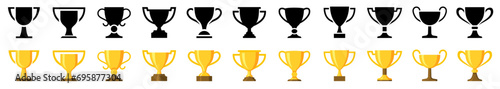 Trophy cup icons set in different style. Flat, silhouette, linear icon collection. Champion golden trophy. Cups for winner. Vector illustration