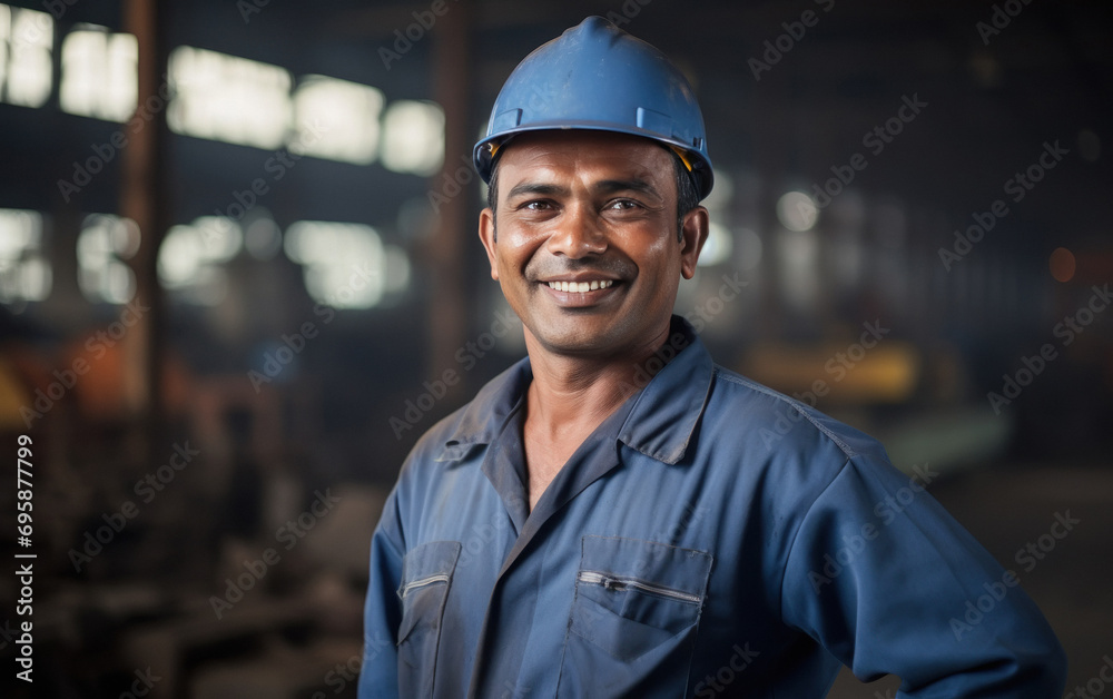 Confident indian male worker or labor standing in the factory Confident indian male worker or labor standing in the factory