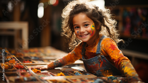 Smiling child artist presenting her hands dotted with vibrant hues of her artwork, AI Generated