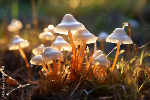 Glowing mycena epipterygia in the grass in the evening light, bright photo photo