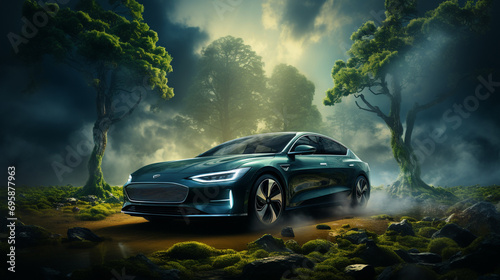 Illustrate how green energy is harnessed to charge an electric vehicle, AI Generated