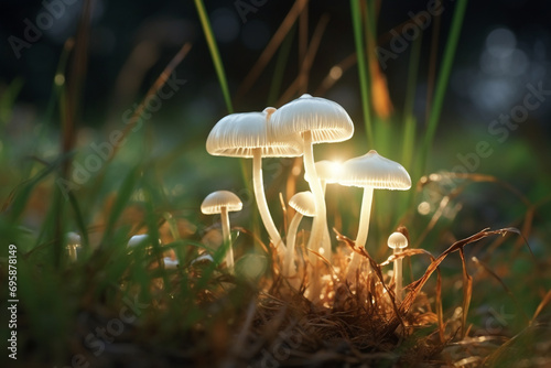 Glowing mycena epipterygia in the grass in the evening light, bright photo photo