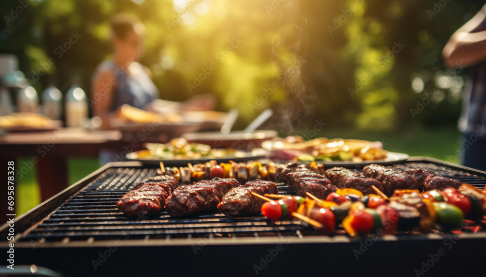 Outdoor Party Fun: Friends Gathering around Barbecue Grill with Delicious Food. Plenty of Space for Text.