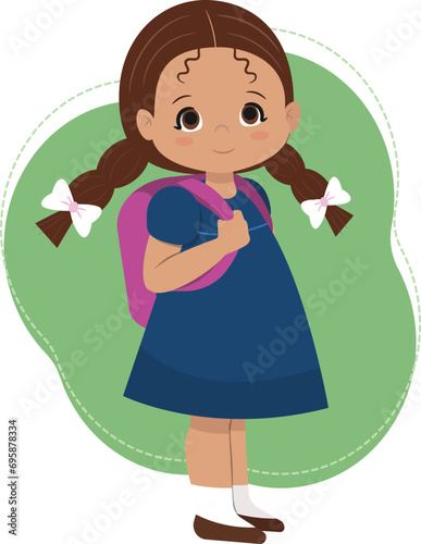 Smiling schoolgirl with pink backpack and ponytails