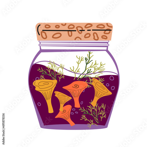 Jarred salted or pickled mushrooms, way to preserve the bounties of the forest harvest. Traditional culinary and food. Concept of forest harvest and of preserved mushrooms icon for food labels.
