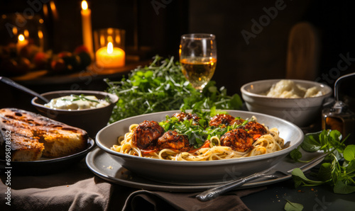 Homemade Spaghetti with Meatballs and Fresh Basil in a Cozy Home Setting  Perfect for a Comforting Meal