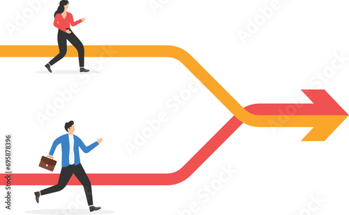 Collaboration synergy works together. Joint alliance and merger, team and partnership. Businessmen running to join direction together to succeed target,

