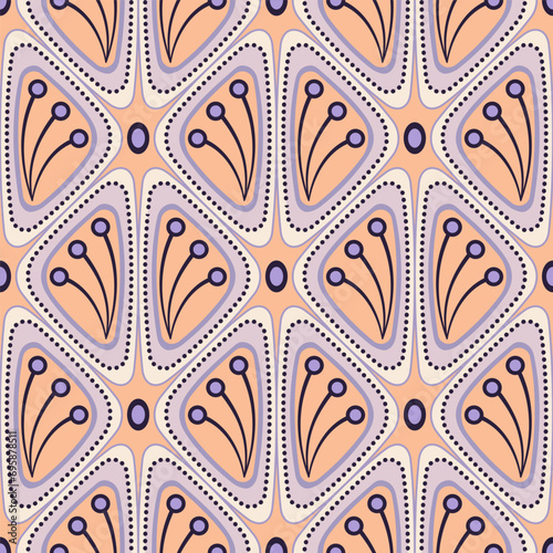Geometrical seamless pattern. Peach fuzz and violet triangles. Stilized plant background. Floral vector illustration in soft colors. For wallpaper, giftpapers, textile, design projects and cards.
