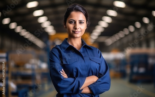 Young and confident indian female worker or labor at factory