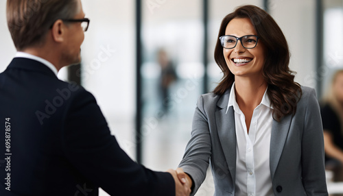 Successful Office Meeting: Mid-Aged Businesswoman Manager Handshaking with a Smiling Female HR, Hiring a Recruit at Job Interview photo