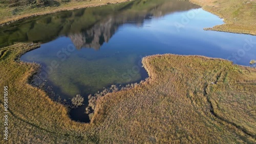 Aeria view of a irregular shaped lake in the grass land situated in the valley  photo