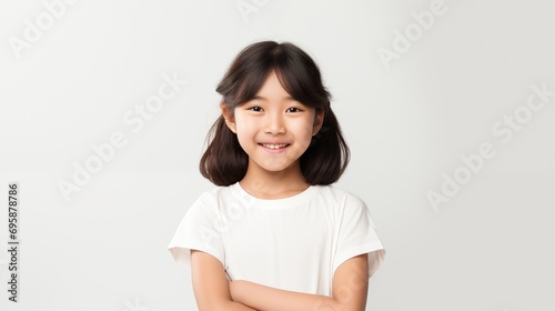 Happy asian young girl confidently cross arms isolated on white background.