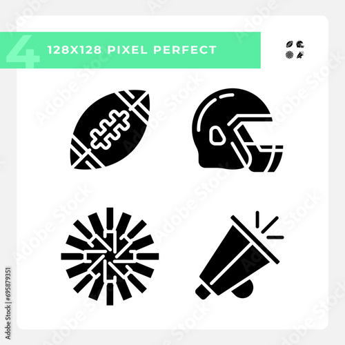 Football equipment black glyph icons set on white space. American football player helmet. Team support. Game day. Silhouette symbols. Solid pictogram pack. Vector isolated illustration