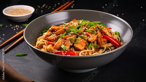 savory asian delight: stir-fry noodles with chicken, red paprika, mushrooms, chives, soy sauce, and sesame seeds in a ceramic bowl on white table