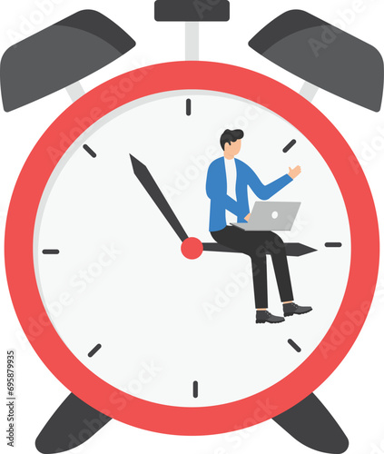 After hours worker, working late overtime or a career that work in different time concept, confident businessman using computer laptop sitting on clock working at night with colleague in other country