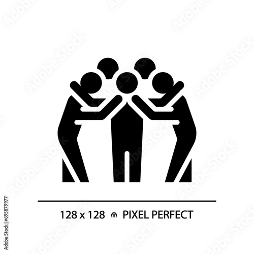 Team huddle black glyph icon. Unity in sports. American football. Motivation for players. Strategy discussion. Silhouette symbol on white space. Solid pictogram. Vector isolated illustration