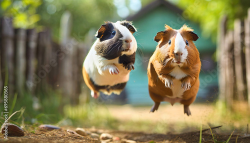 two guinea pigs jumping for joy. ai generated