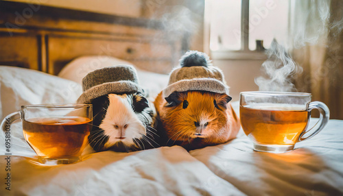being sick, drinking hot. Guinea Pigs having a cold laying in bed ,ai generated © hanohiki