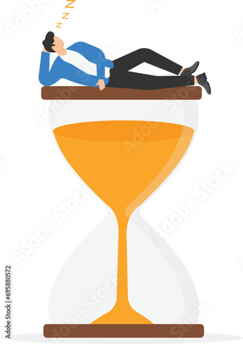 Sleep time or bedtime for human to relax and recover from tried and exhausted, restful or comfort sweet dream concept, healthy young man sleeping in hammock in counting down sandglass and moonlight.

