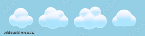 Cartoon 3d clouds set. Vector soft white fluffy cloud on blue background. 3d Render bubble shape round geometric cumulus illustration for design, game, weather app