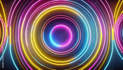 3d render abstract geometric background neon circles pink blue yellow glowing round shapes and lines minimalist futuristic wallpaper