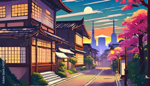 a beautiful japanese tokyo city town in the evening houses at the street anime cartoonish artstyle cozy lofi asian architecture 16 9 4k resolution generative ai photo
