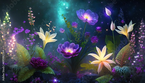 abstract fantasy space plants and glowing flowers extraterrestrial galaxy background with unusual magical nature game or fairy tale beautiful scene deep space stars ai illustration for wallpaper © Dayami