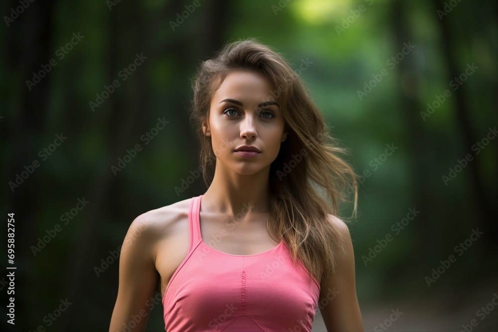 Generative ai image of healthy sporty girl running in green forest in morning