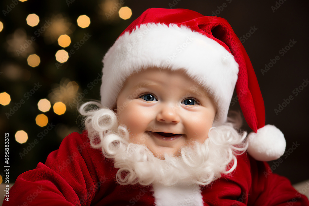 AI generated image of cute baby wearing red santa claus hat christmas tree bokeh lights dark background AI generated image of cute baby wearing red santa claus hat christmas tree bokeh lights dark background