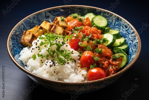 Healthy vegetarian meal in a blue bowl with rice and vegetables. Generative AI