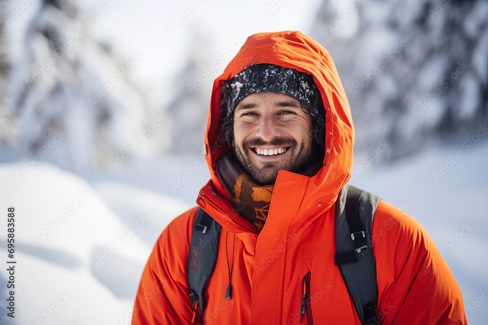 Portrait of cheerful man climber with backpack standing on high snowy mountains on winter day generative AI
